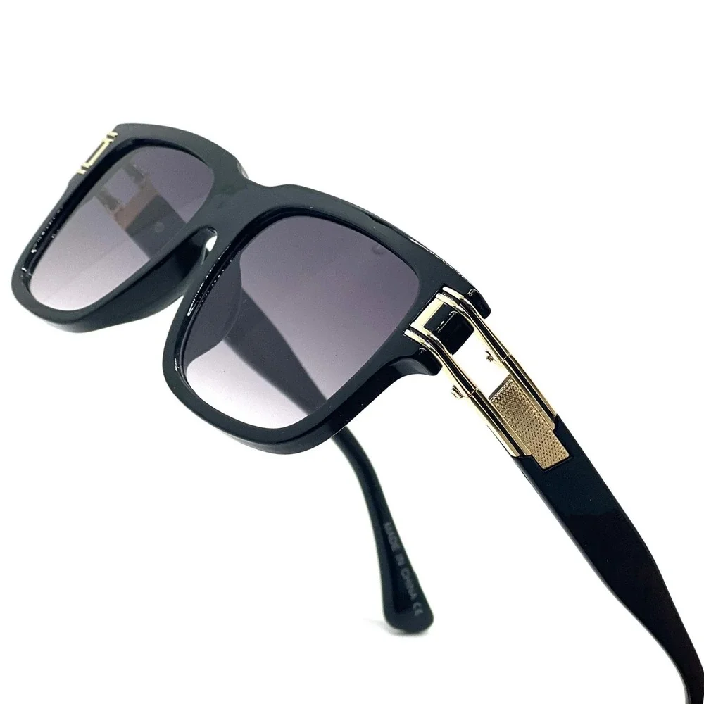Square Sunglasses Black Frame Gold Accent Black‎ Lens Fashion Shades Street Wear